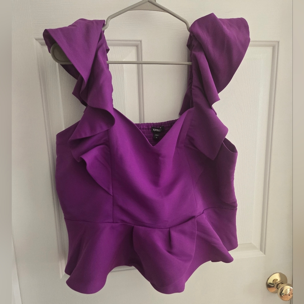 Express Vibrant Purple Ruffle Blouse Flutter Sleeve,  Peplum